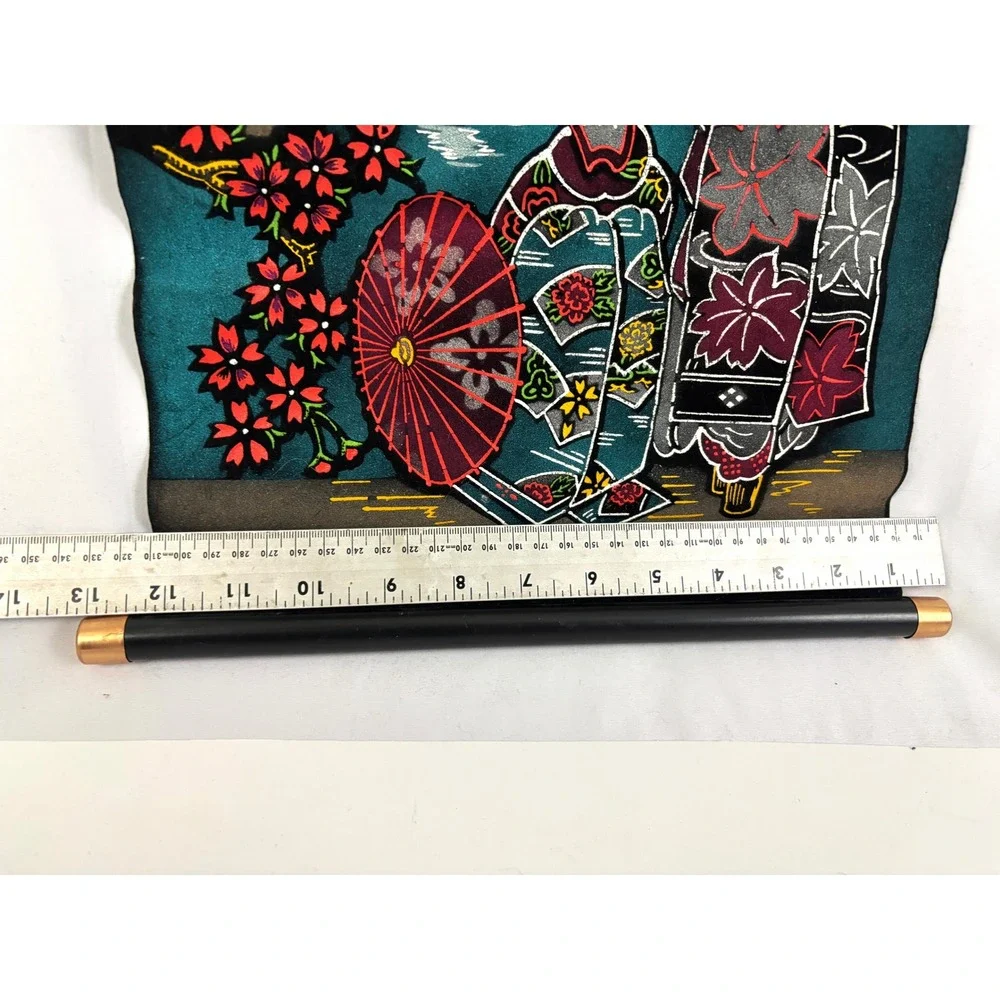 Vintage Japanese Velvet‎ Wall Hanging Scroll Mount Fuji Pagoda Geisha Temple Art